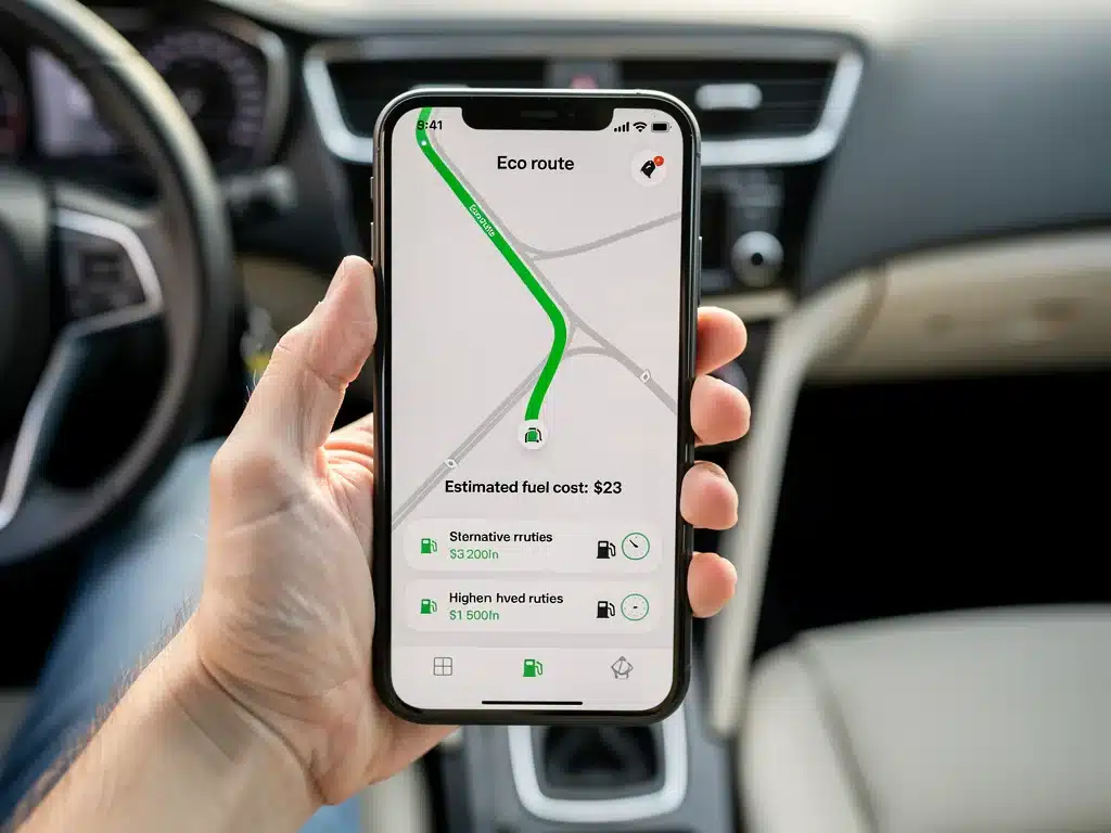 Smartphone navigation app displaying fuel-efficient route optimization for road trips.