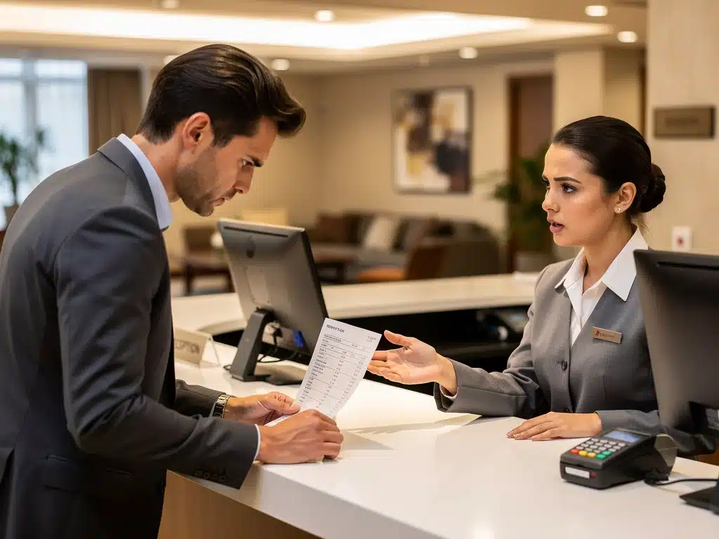 Traveler negotiating with hotel staff about unexpected charges on a bill.