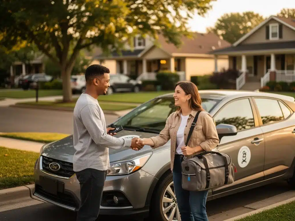 Two people completing a car exchange, representing trust and convenience in peer-to-peer car sharing.