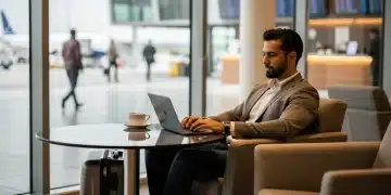 Traveler working productively in a modern airport lounge during a layover.