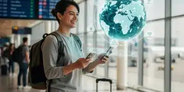 Traveler using smartphone with global network, depicting mobile data abroad in 2026