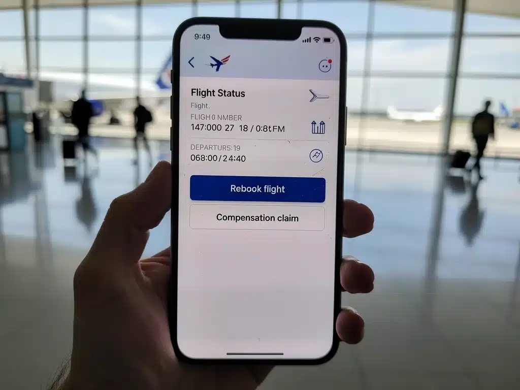 Smartphone displaying airline app for rebooking or compensation.