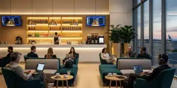 Travelers enjoying premium amenities in a spacious, modern airport lounge in 2026