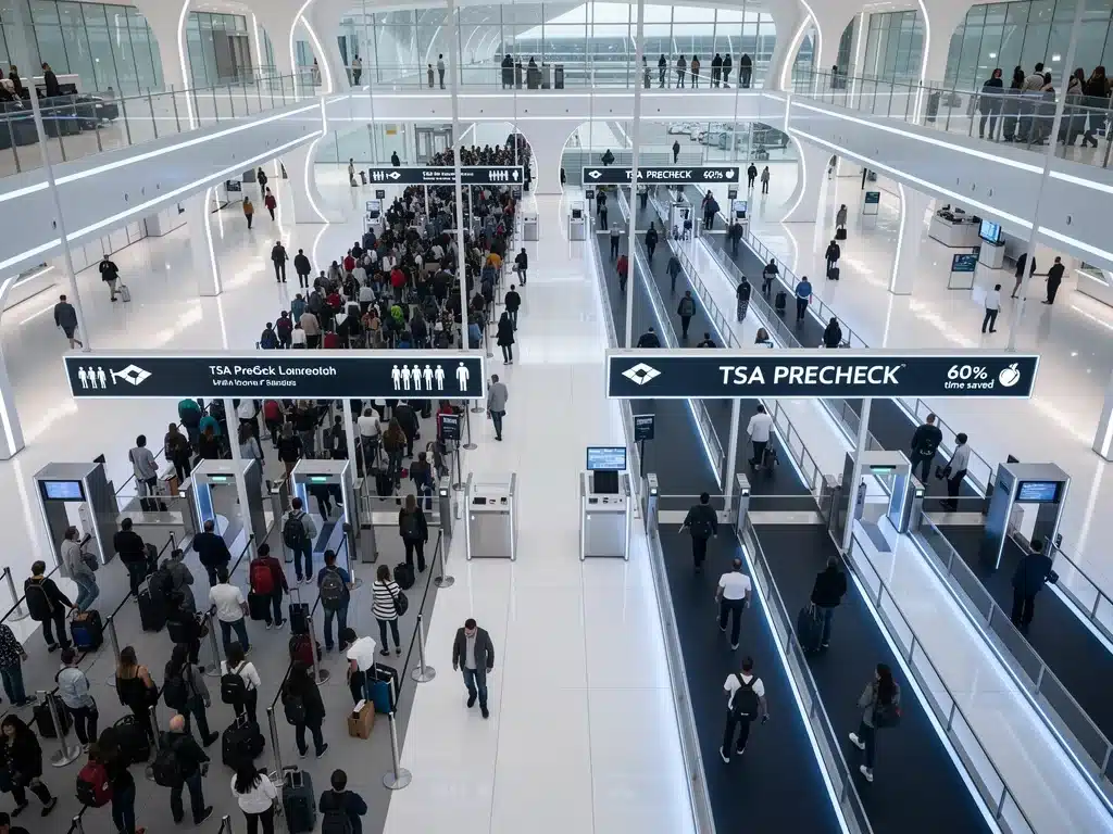 Overhead view of fast-moving TSA PreCheck lanes compared to standard airport security