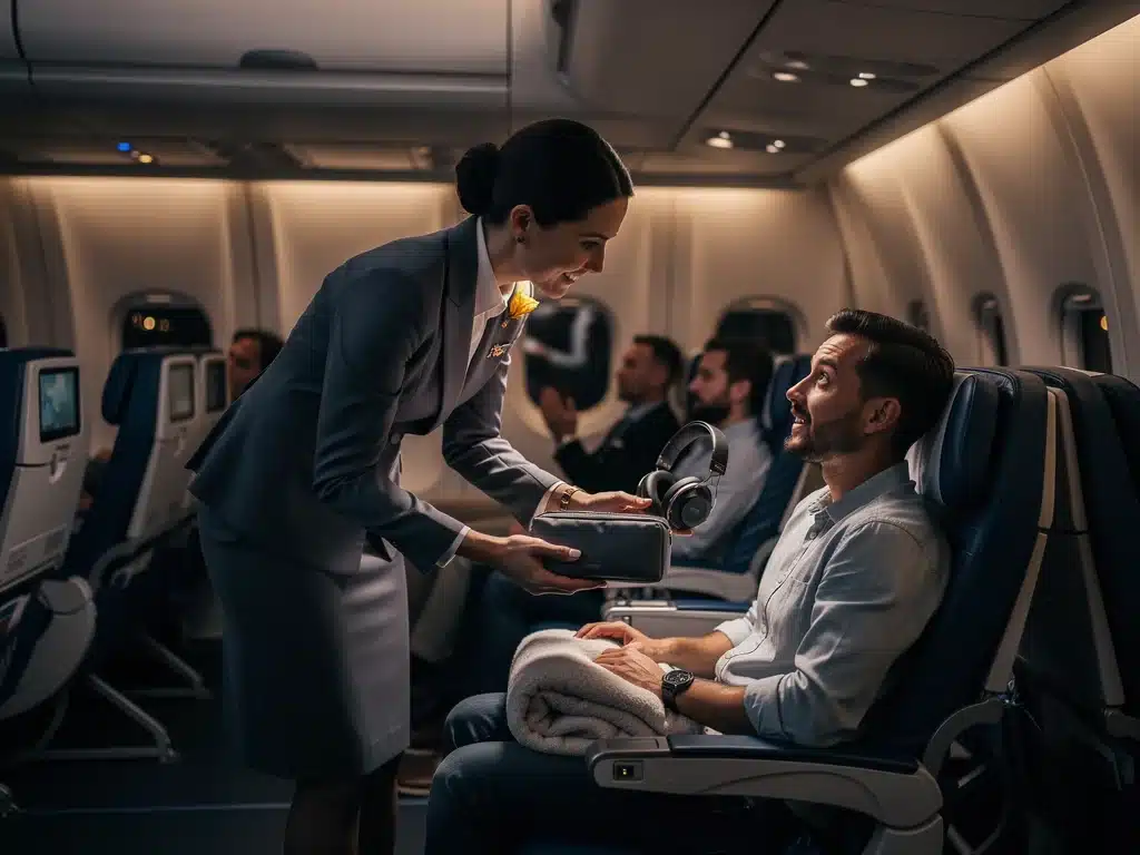 Flight attendant providing complimentary amenity to passenger