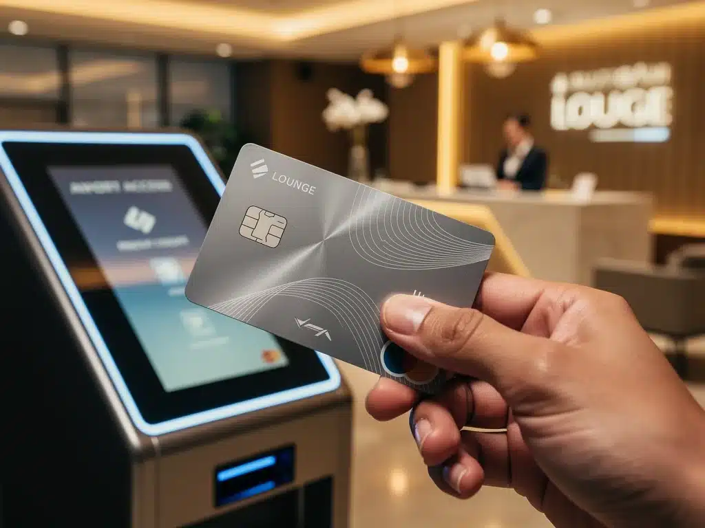 Credit card tapping for airport lounge entry, showcasing a key access method