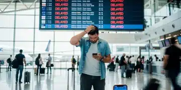 Traveler checking delayed flight information on a smartphone at an airport terminal.