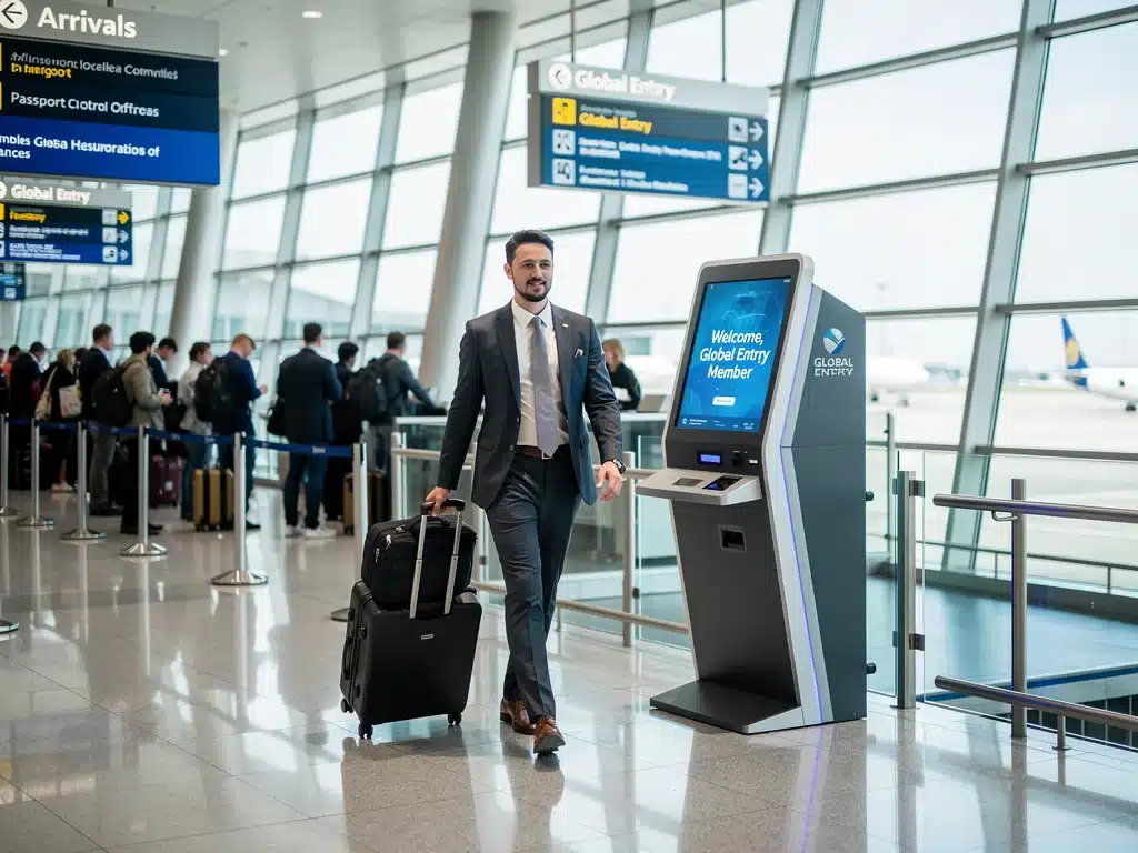 Traveler using Global Entry kiosk at airport to bypass long lines