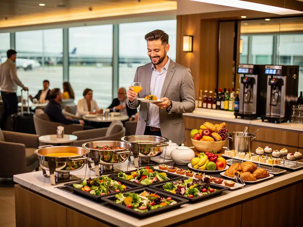 Traveler enjoying complimentary refreshments at an airport lounge buffet