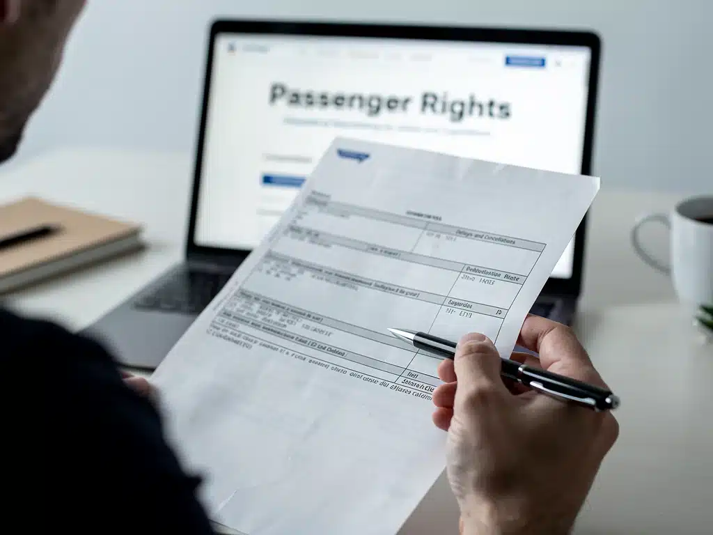 Hand holding claim form with laptop showing passenger rights information.