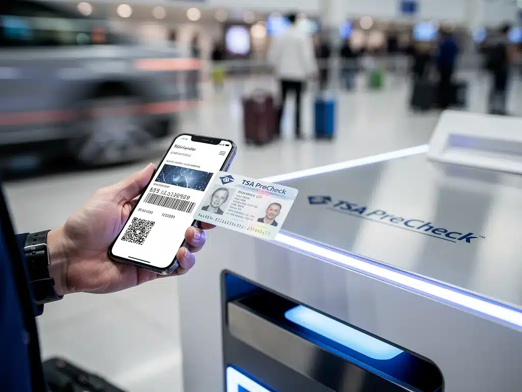 Traveler presenting digital ID at a modern TSA PreCheck kiosk for verification