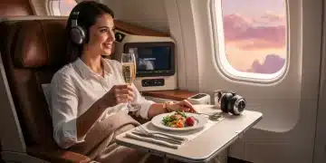 Traveler enjoying an upgraded airline seat with premium service