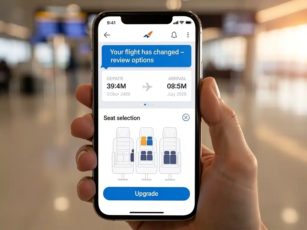 Airline app showing rebooking options and upgrade availability