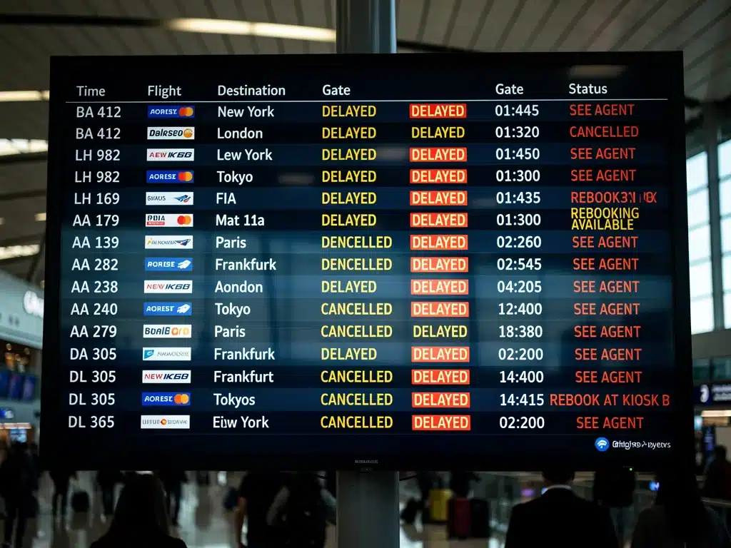 Airport flight status board with delayed and canceled flights