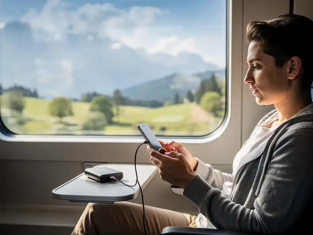 Traveler charging phone with portable charger on a moving train.