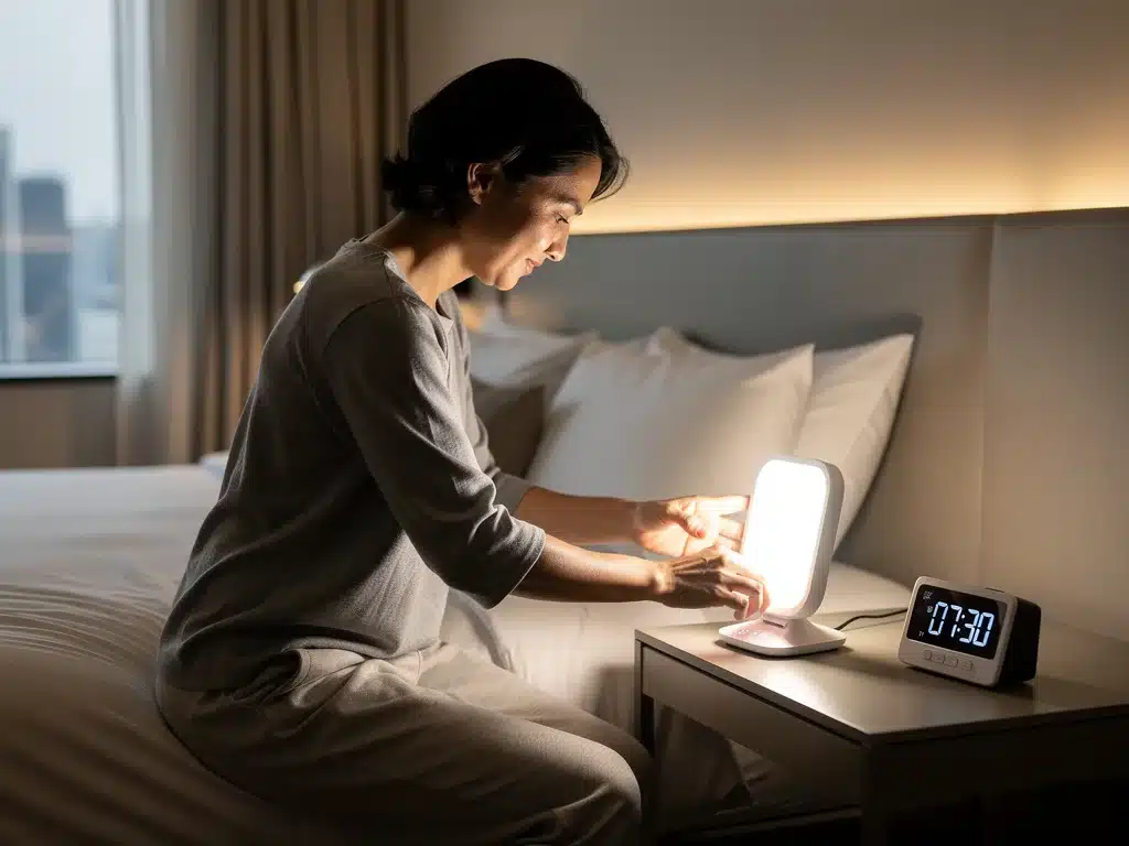 Traveler using a smart light therapy lamp to adjust circadian rhythm and beat jet lag.
