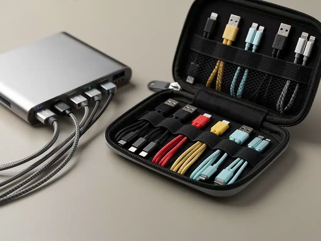 Organized charging cables and multi-port portable charger in travel pouch.