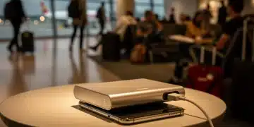 Modern portable charger powering a smartphone in an airport lounge, symbolizing seamless travel.