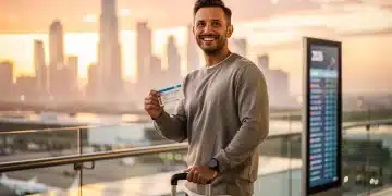 Refreshed traveler smiling at sunrise after beating jet lag on a long-haul flight in 2026.