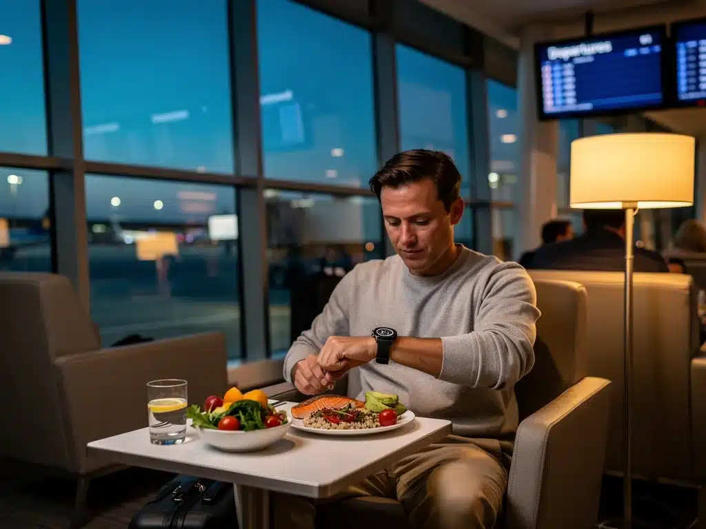 Traveler eating a strategic meal to combat jet lag while flying or in an airport lounge.